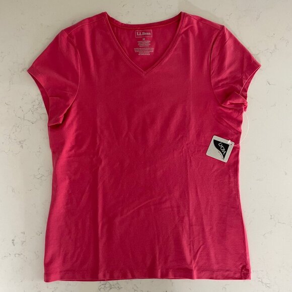 L.L.Bean Casual SS V Neck Pima Cotton Blend T Shirt Top Rose Pink Sz M NWT - Picture 8 of 8
